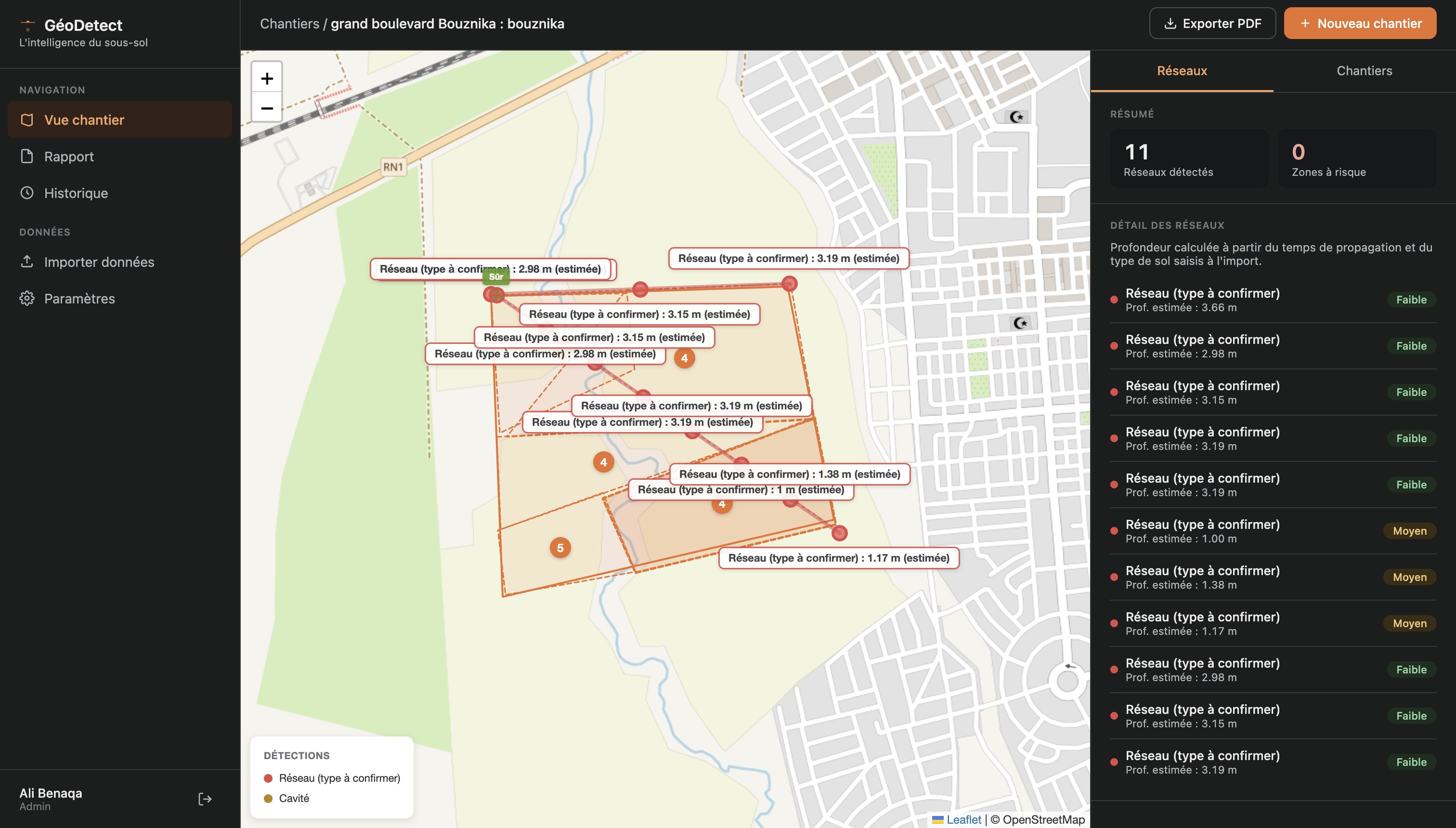 La plateforme GéoDetect : carte d'un chantier avec zones, détections de réseaux et profondeurs calculées